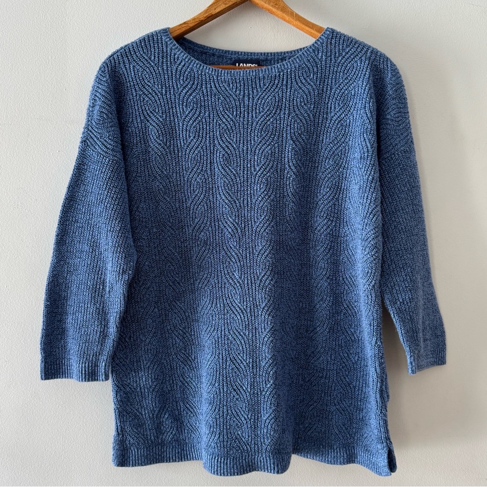 Lands’ End 3/4 sleeve boatneck sweater, Sz Medium 10-12, linen cotton cable knit